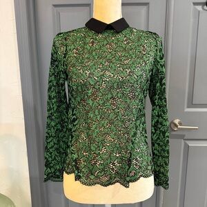 Zara Green Lace Blouse with Black Collar